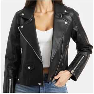 Womens Black Faux Leather Motorcycle Jacket Full‎ Zip Biker Coat